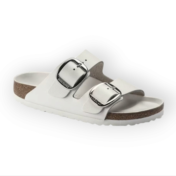 Birkenstock Shoes - Birkenstock Arizona White Leather Big Buckle Sandals w/Silver Toned Hardware